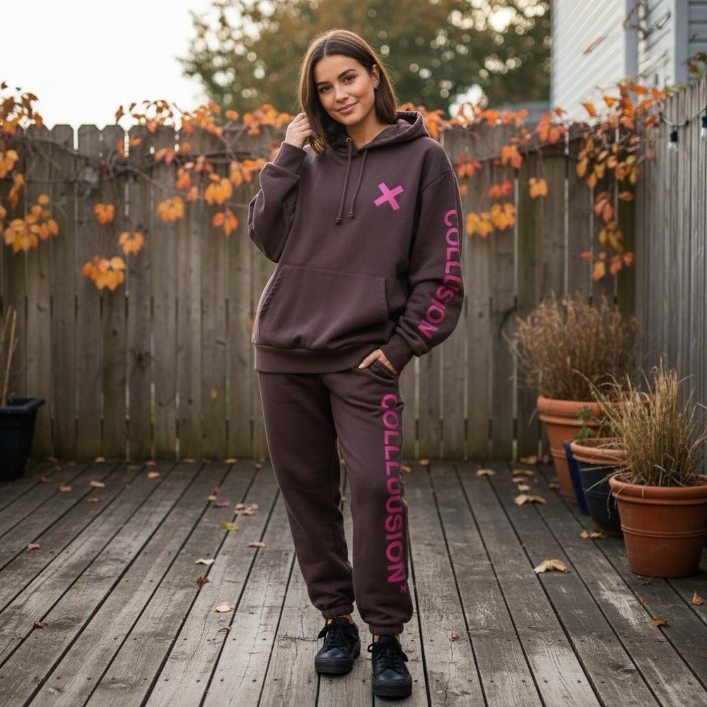 COLLUSION Unisex Lounge cotton blend set pants & sweat shirt hoodie brown pink